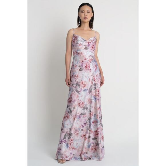 Jenny Yoo Collection Leticia Droop Neckline Satin Floral Print Maxi Dress Sz 2 - Picture 1 of 5